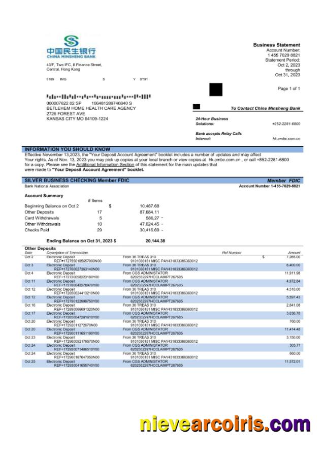 Realistic China Minsheng Bank Firm Account Statement Word And PDF Template