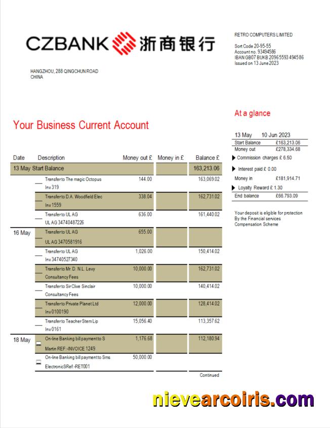 Premium China Zheshang Bank Business Bank Statement Word And PDF Template
