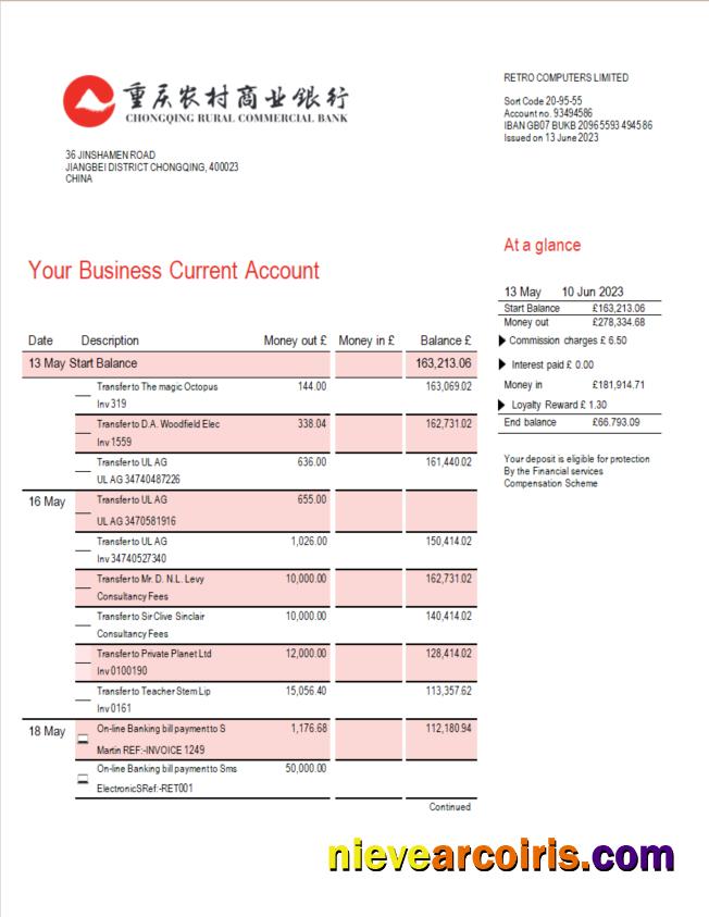 Realistic Chongqing Rural Commercial Bank Firm Account Statement Word And PDF Template