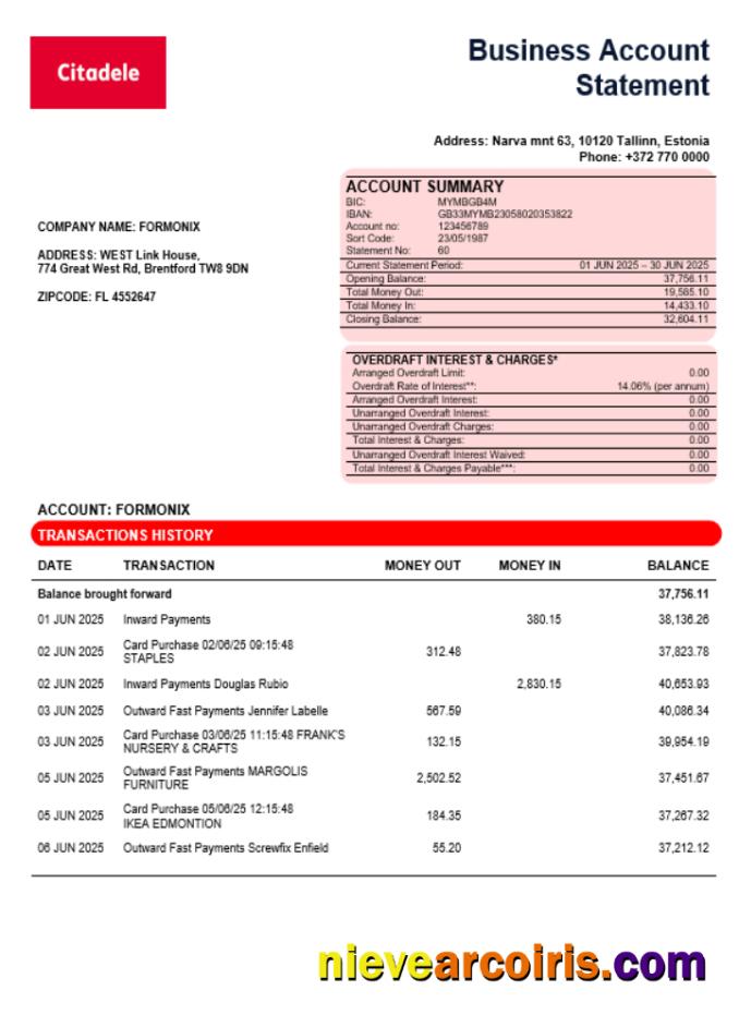 Professional Citadele Banka Eesti Filiaal AS Business Account Statement Word And PDF Template