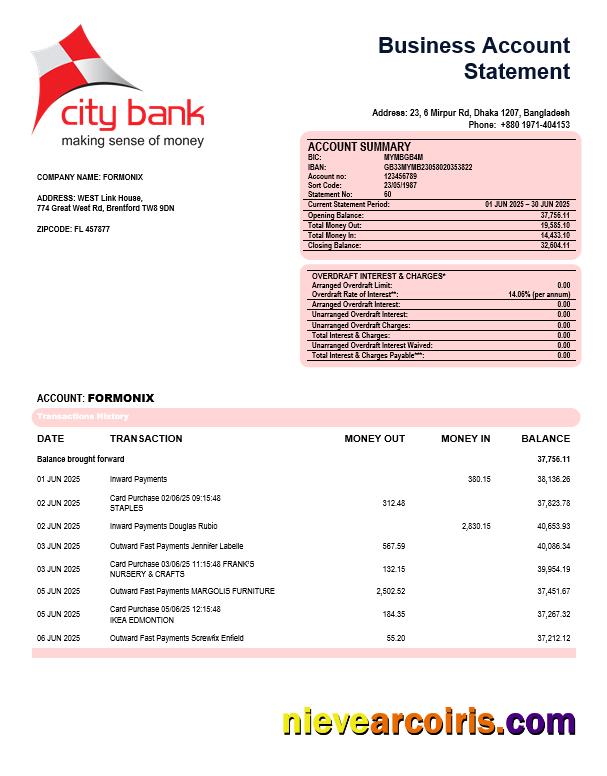 Premium City Bank Firm Account Statement Word And PDF Template