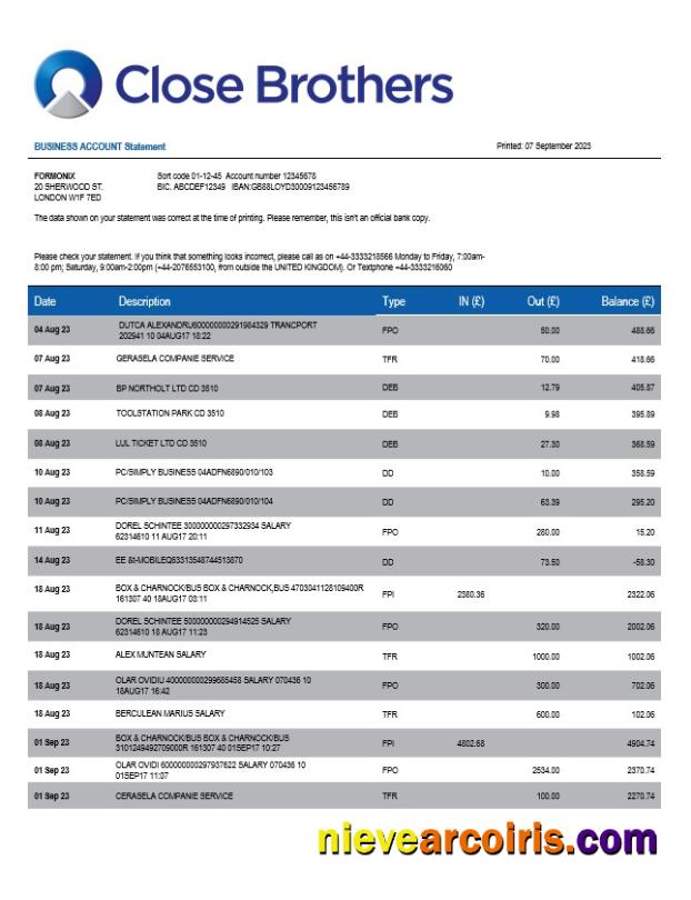 Realistic Close Brothers Bank Group Company Checking Account Statement Word And PDF Template