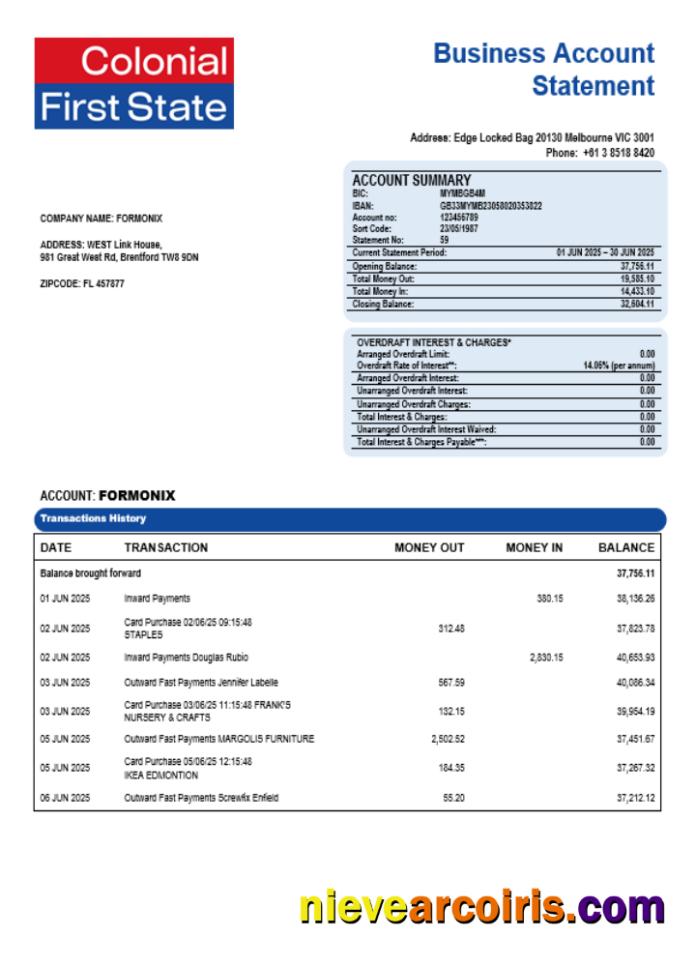 Colonial First State Company Checking Account Statement Word And PDF Format Sample