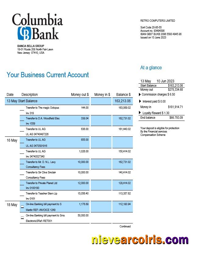 Premium Columbia Bank Enterprise Account Statement Word And PDF Template