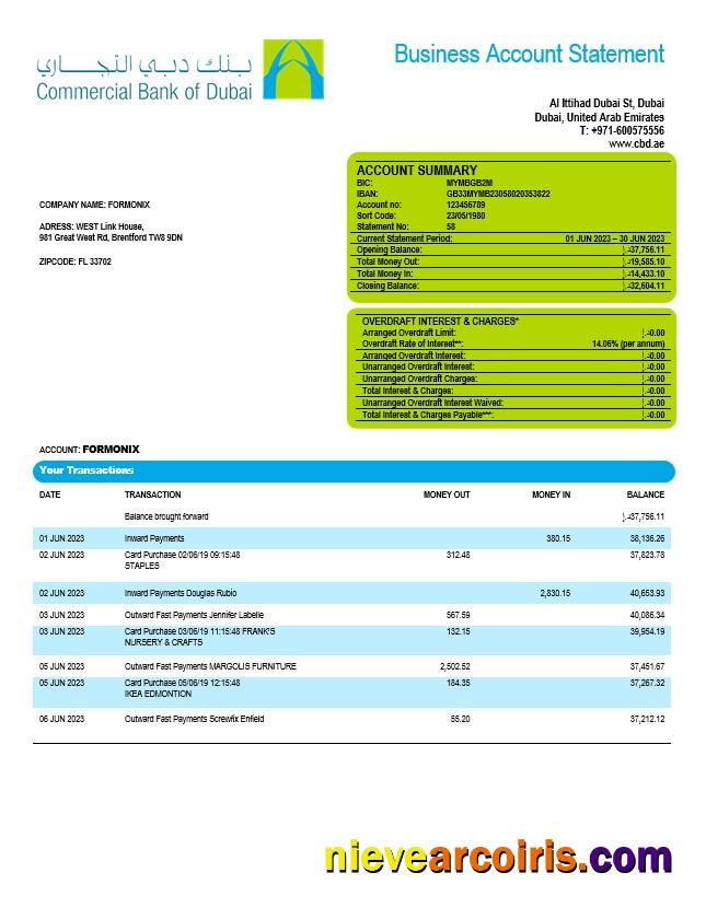 Premium Commercial Bank Of Dubai Company Checking Account Statement Word And PDF Template