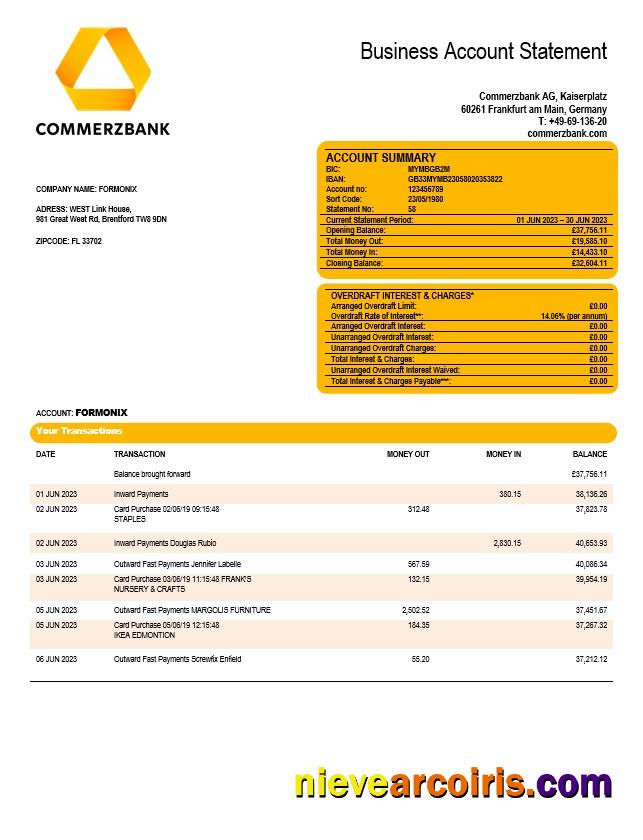 Realistic Commerzbank Company Checking Account Statement Word And PDF Template