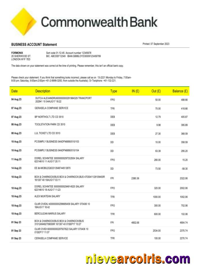 Professional Commonwealth Bank Enterprise Account Statement Word And PDF Template