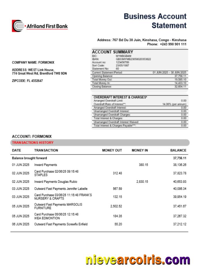 Congo Afriland First Bank Business Firm Account Bank Statement Word And PDF Format Template