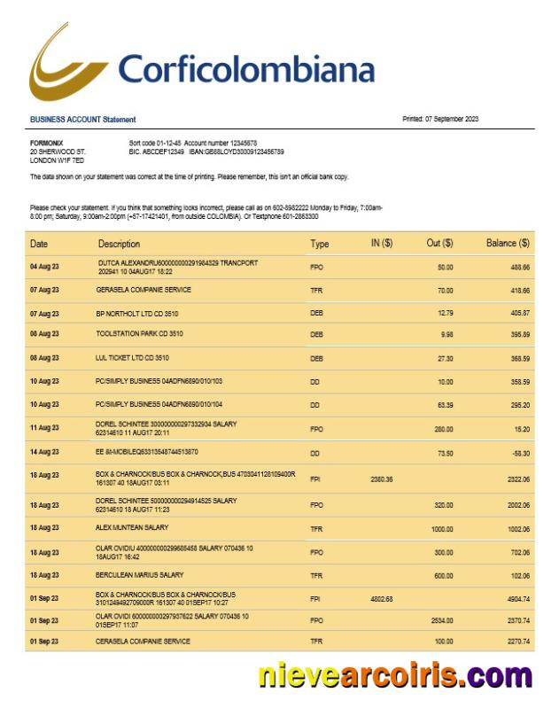 Realistic Corficolombiana Bank Business Checking Account Statement Word And PDF Template