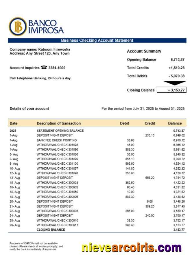 Editable Costa Rican Banco Improsa Bank Firm Account Statement Word And PDF Template