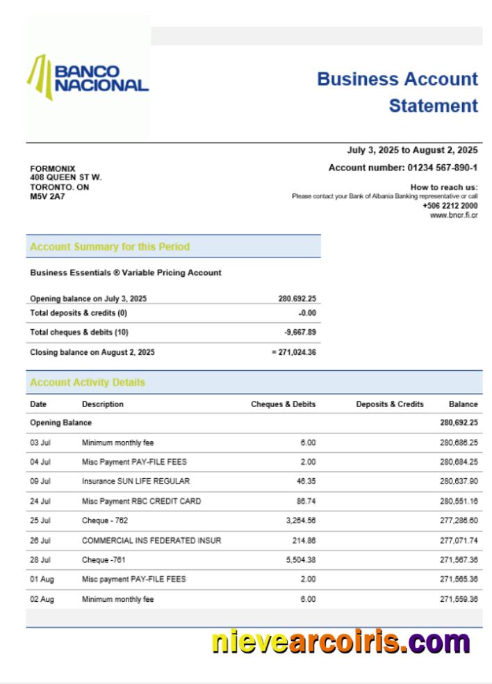 Costa Rican Banco Nacional De Costa Rican Business Bank Company Account Statement Word And PDF Format Preview