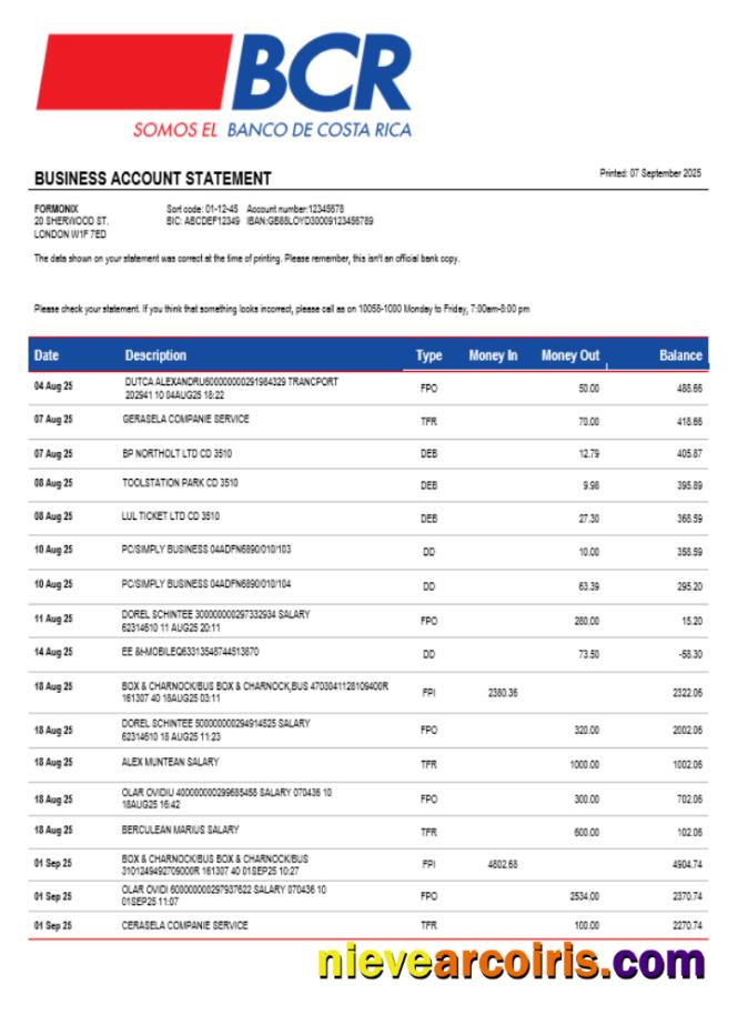 Costa Rican The Bank Of Costa Rican Bank Organization Checking Account Statement Word And PDF Format Preview