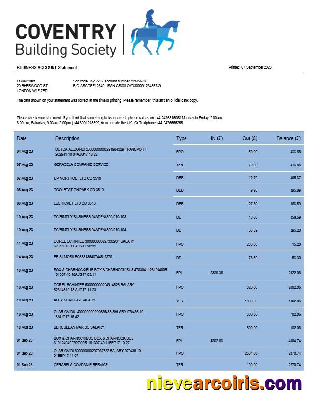 Professional Coventry Building Society Organization Checking Account Statement Word And PDF Template