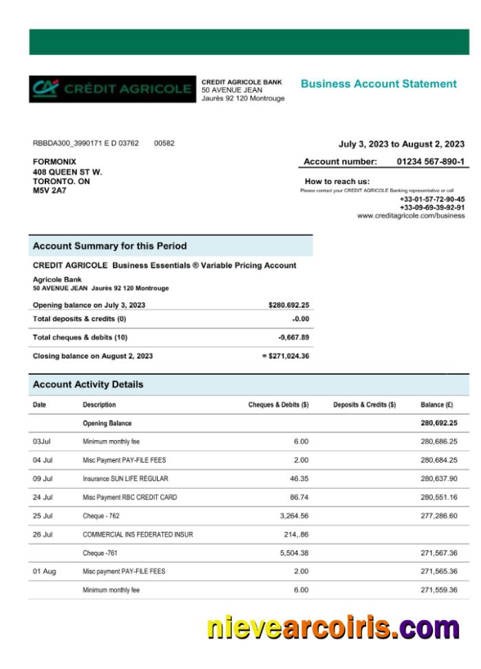 Professional Credit Agricole Bank Enterprise Checking Account Statement Word And PDF Template