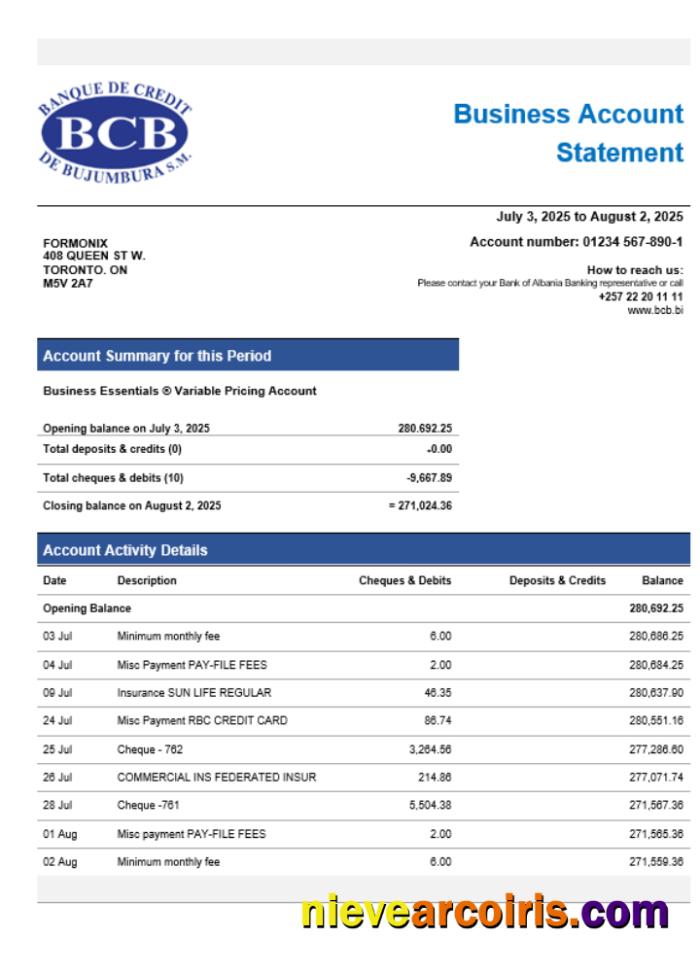 Professional Credit Bank Of Bujumbura Enterprise Account Statement Word And PDF Template