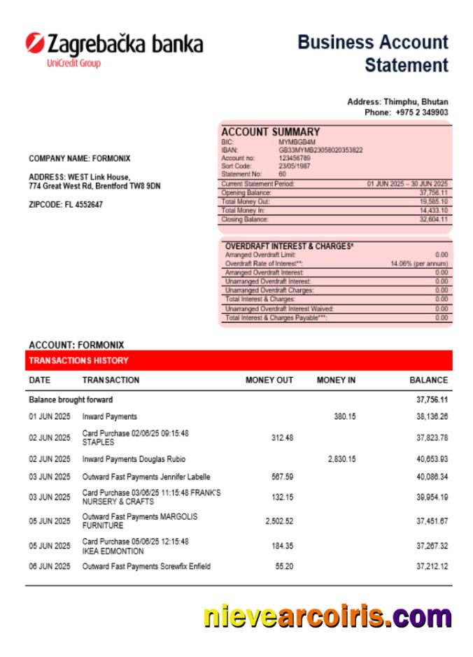 Croatian Zagrebačka Bank Business Firm Account Statement Word Snd PDF Format Preview