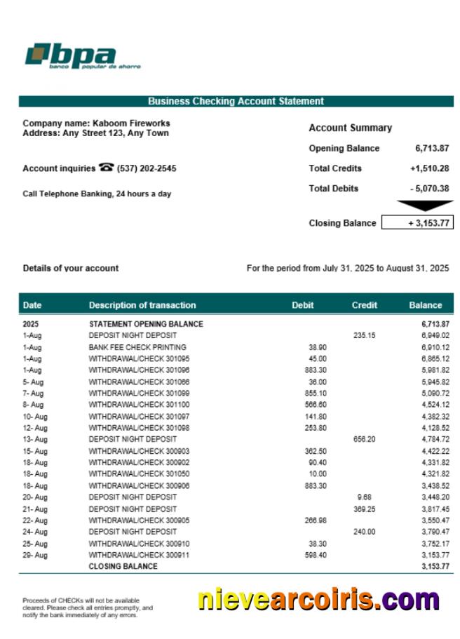 Cuba Banco Popular De Ahorro (BPA) Company Statement Word And PDF Format Preview