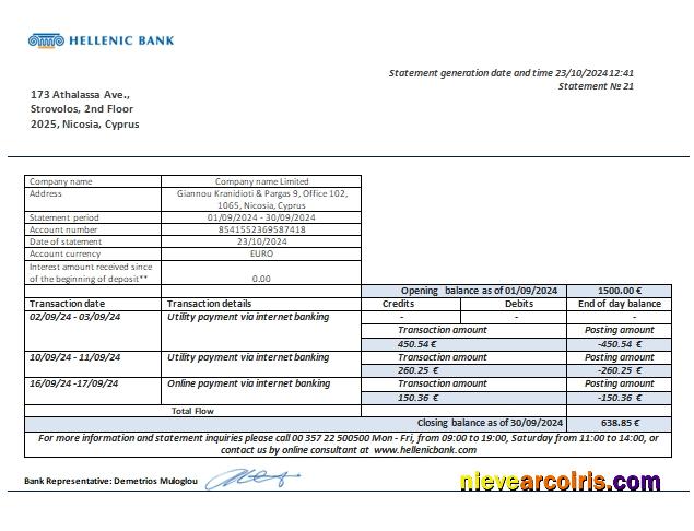 Cyprus Hellenic Bank Business Bank Statement Scr Template