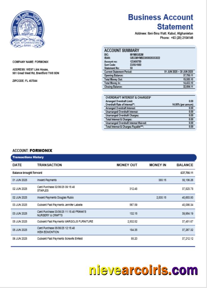 Professional Da Afghan Bank (DAB) Firm Account Statement Word And PDF Template