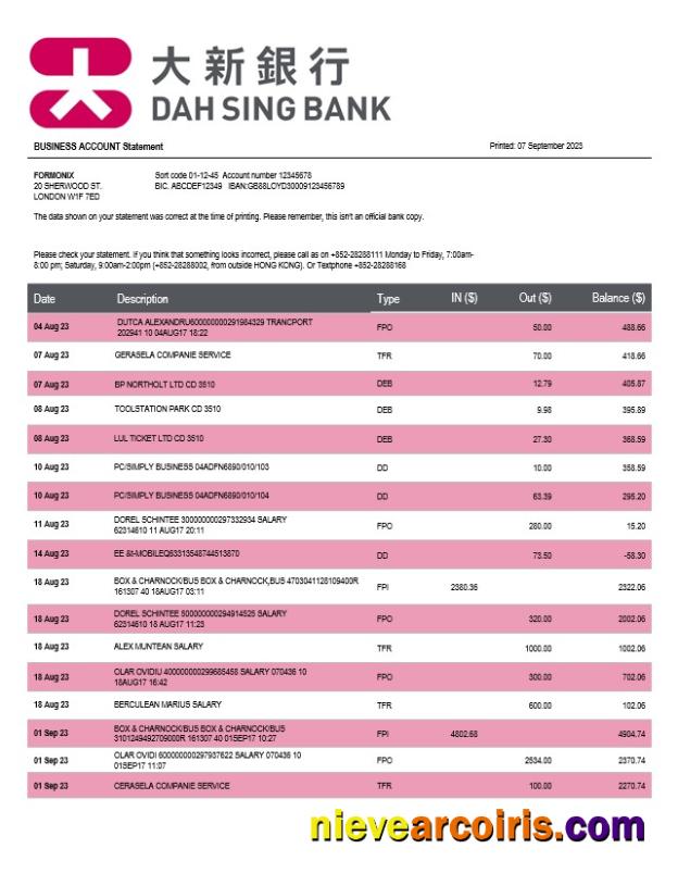 Editable Dah Sing Bank Company Checking Account Statement Word And PDF Template