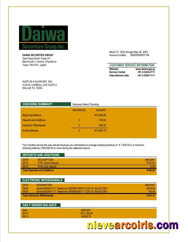 Realistic Daiwa Securities Group Business Bank Statement Word And PDF Template