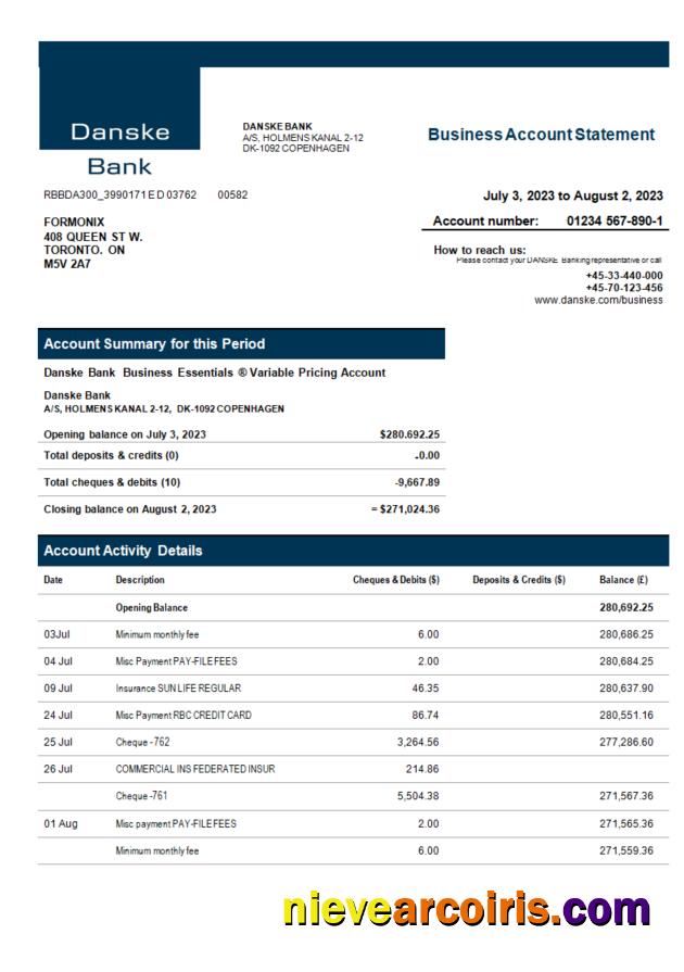 Realistic Danske Bank Enterprise Statement Word And PDF Template