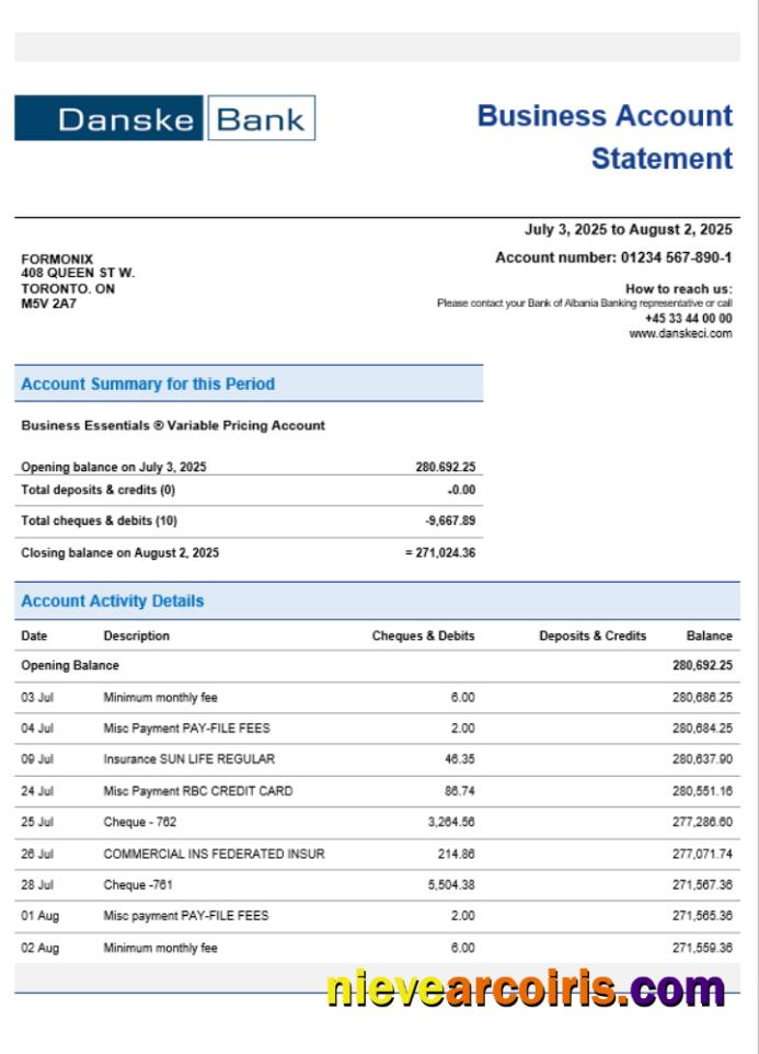Danskebank Business Organization Checking Statement Word And PDF Format Template