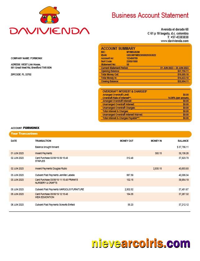 Premium Davivienda Bank Company Checking Account Statement Word And PDF Template