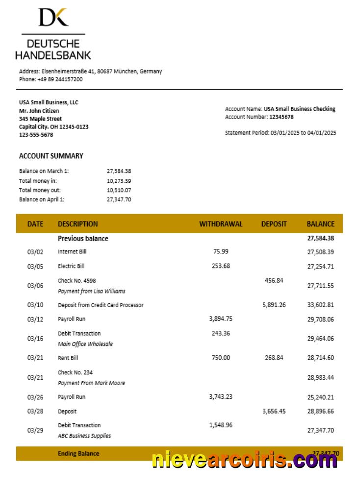 Deutsche Handelsbank Firm Account Statement Word And PDF Format Preview