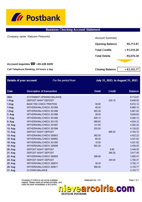 Professional Deutsche Postbank Corporate Checking Account Statement Word And PDF Template