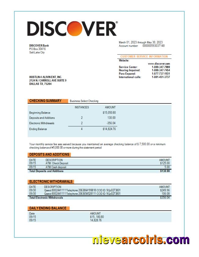 Editable Discover Bank Business Statement Word And PDF Template