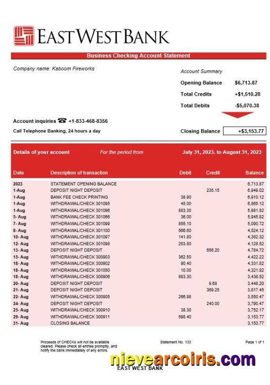 Realistic East West Bank Firm Account Statement Word And PDF Template