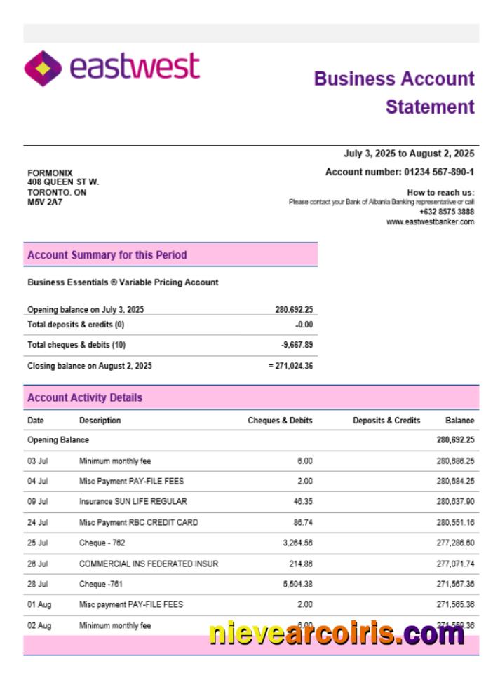 EastWest Business Firm Account Statement Word Snd PDF Format Preview
