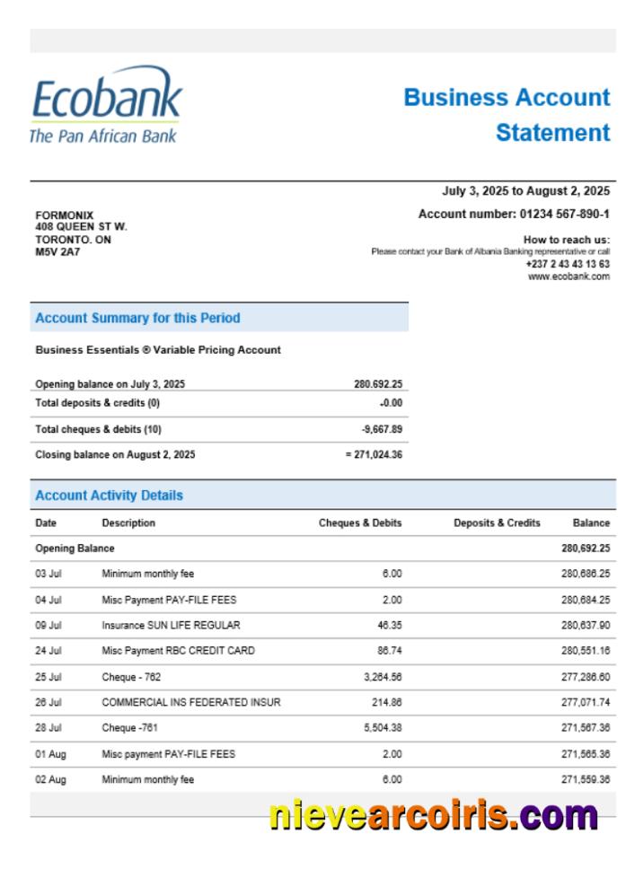 Ecobank Organization Checking Account Statement Word And PDF Format Sample