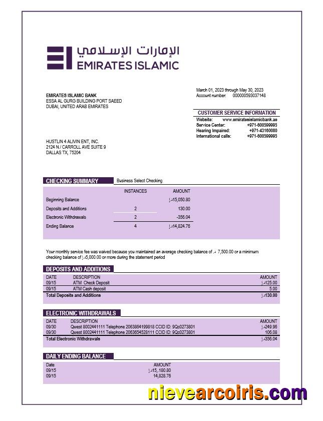 Editable Emirates Islamic Bank Firm Account Statement Word And PDF Template