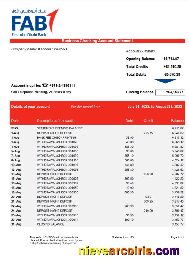 Realistic FAB Bank Company Statement Word And PDF Template
