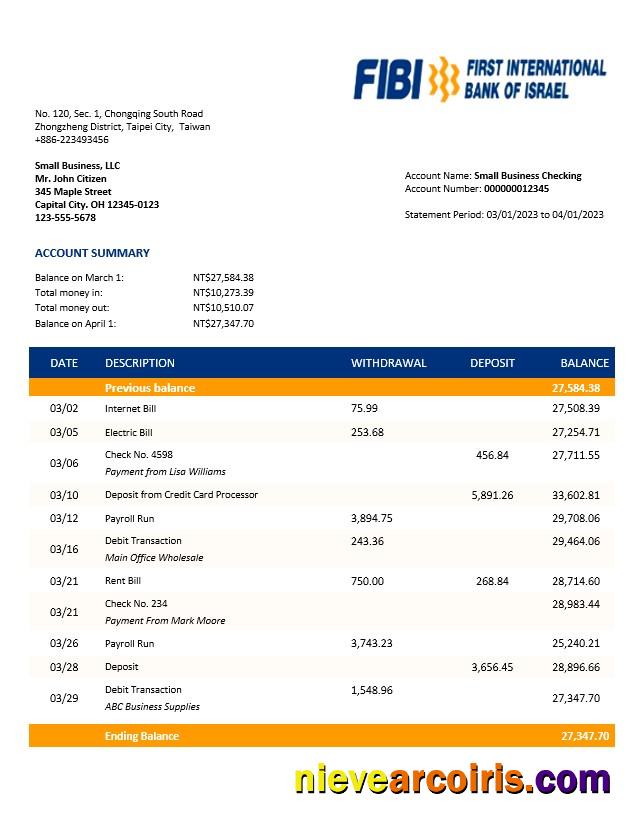 FIBI Bank Enterprise Account Statement Word And PDF Templat Sample