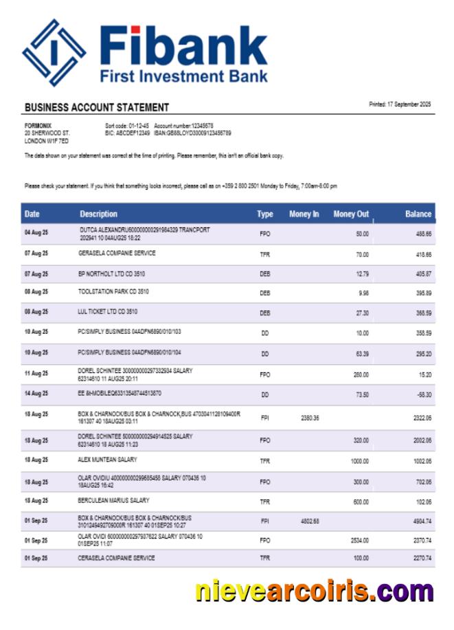 Fibank Bank Business Bank Statement Word And PDF Format Sample