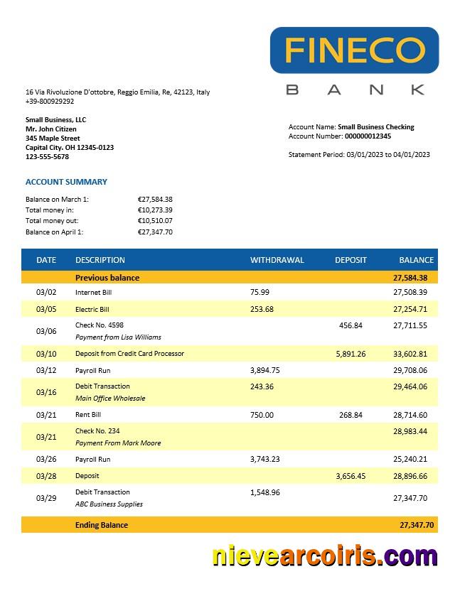 Professional Finecobank Company Account Statement Word And PDF Template