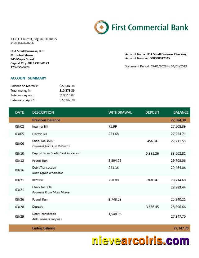 Realistic First Commercial Bank Company Statement Word And PDF Template