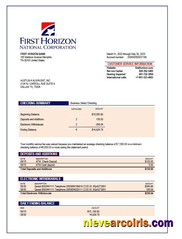 Premium First Horizon Bank Company Checking Account Statement Word And PDF Template