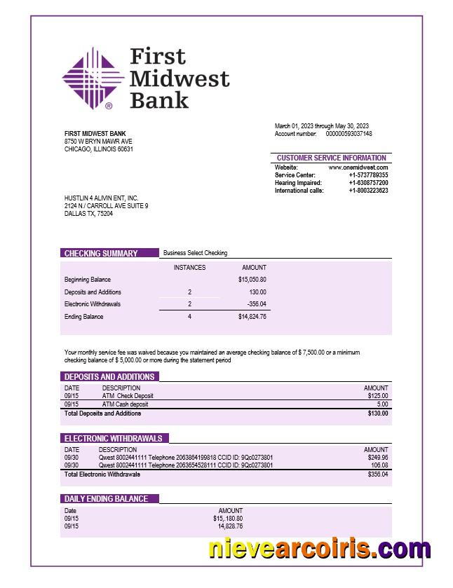 Editable First Midwest Bank Company Account Statement Word And PDF Template
