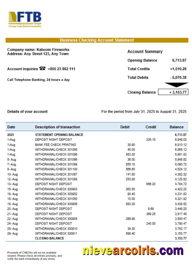 Foreign Trade Bank Of Cambodian Business Bank Statement Word And PDF Format Preview