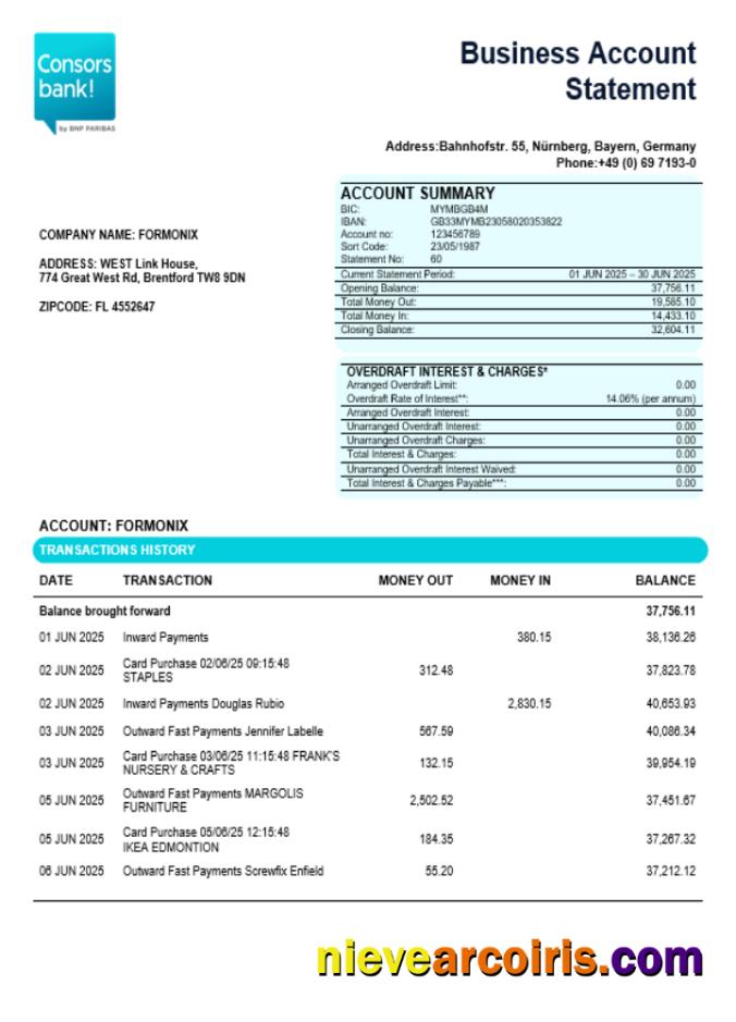 German Consorsbank Business Organization Checking Statement Word And PDF Format Photolook
