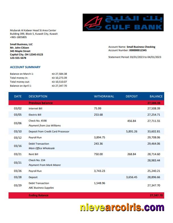Editable Gulf Bank Company Account Statement Word And PDF Template