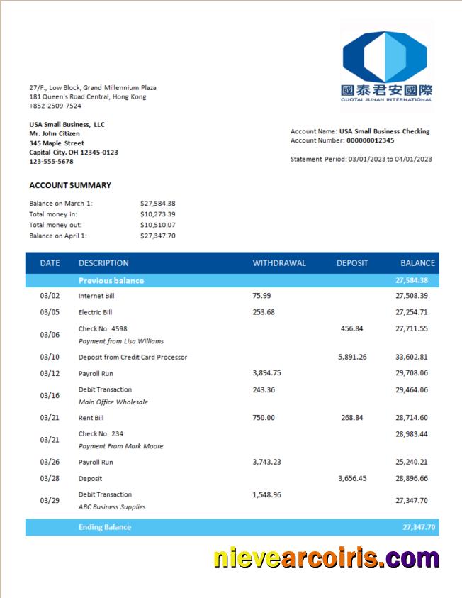 Editable Guotai Junan Securities Bank Corporate Checking Account Statement Word And PDF Template