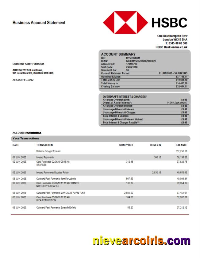 Editable HSBC Bank Company Statement Word And PDF Template