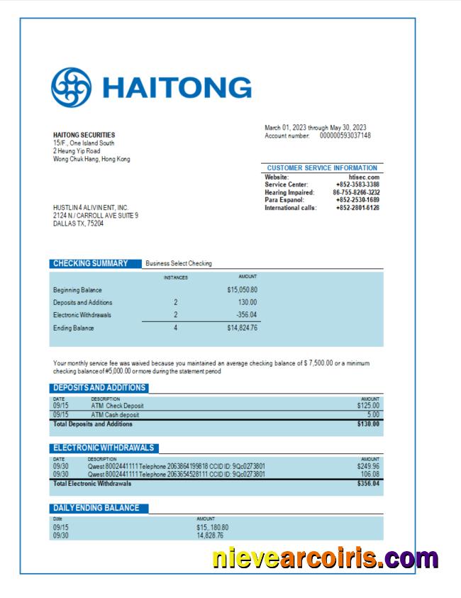 Realistic Haitong Securities Business Bank Statement Word And PDF Template