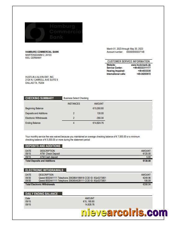 Professional Hamburg Commercial Bank Enterprise Account Statement Word And PDF Template