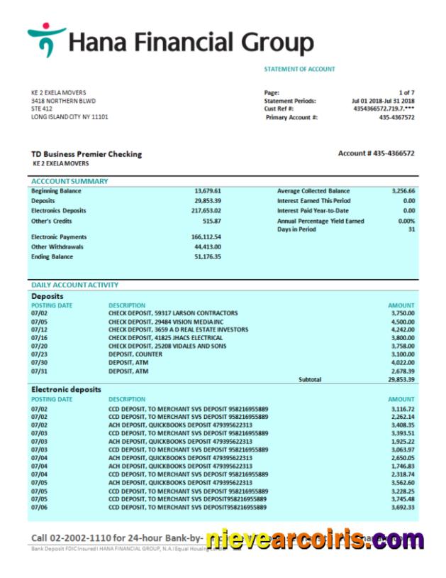 Realistic Hana Financial Group Firm Bank Statement Word And PDF Template